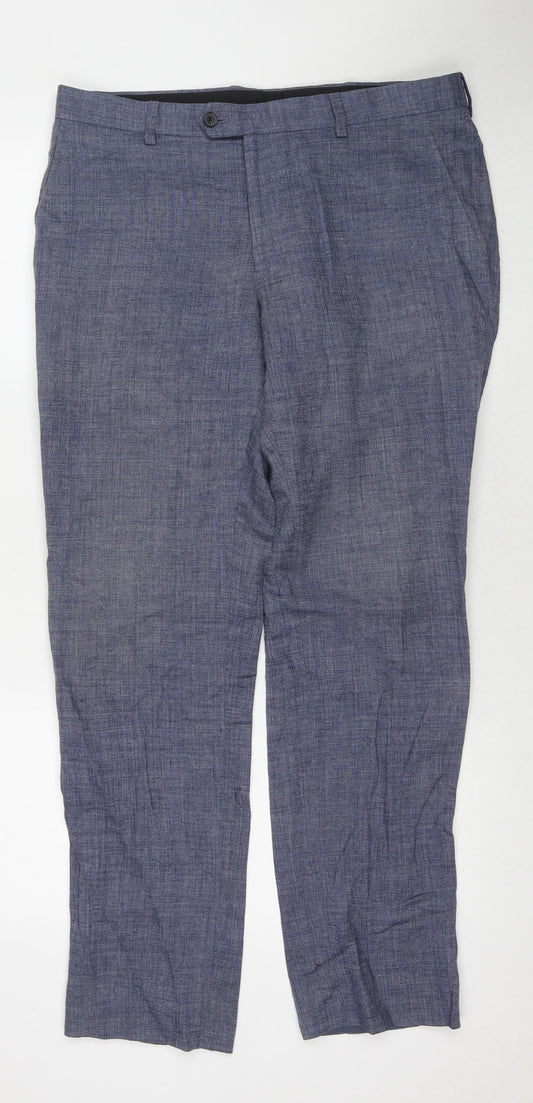 Marks and Spencer Mens Blue Linen Trousers Size 34 in L31 in Regular Zip