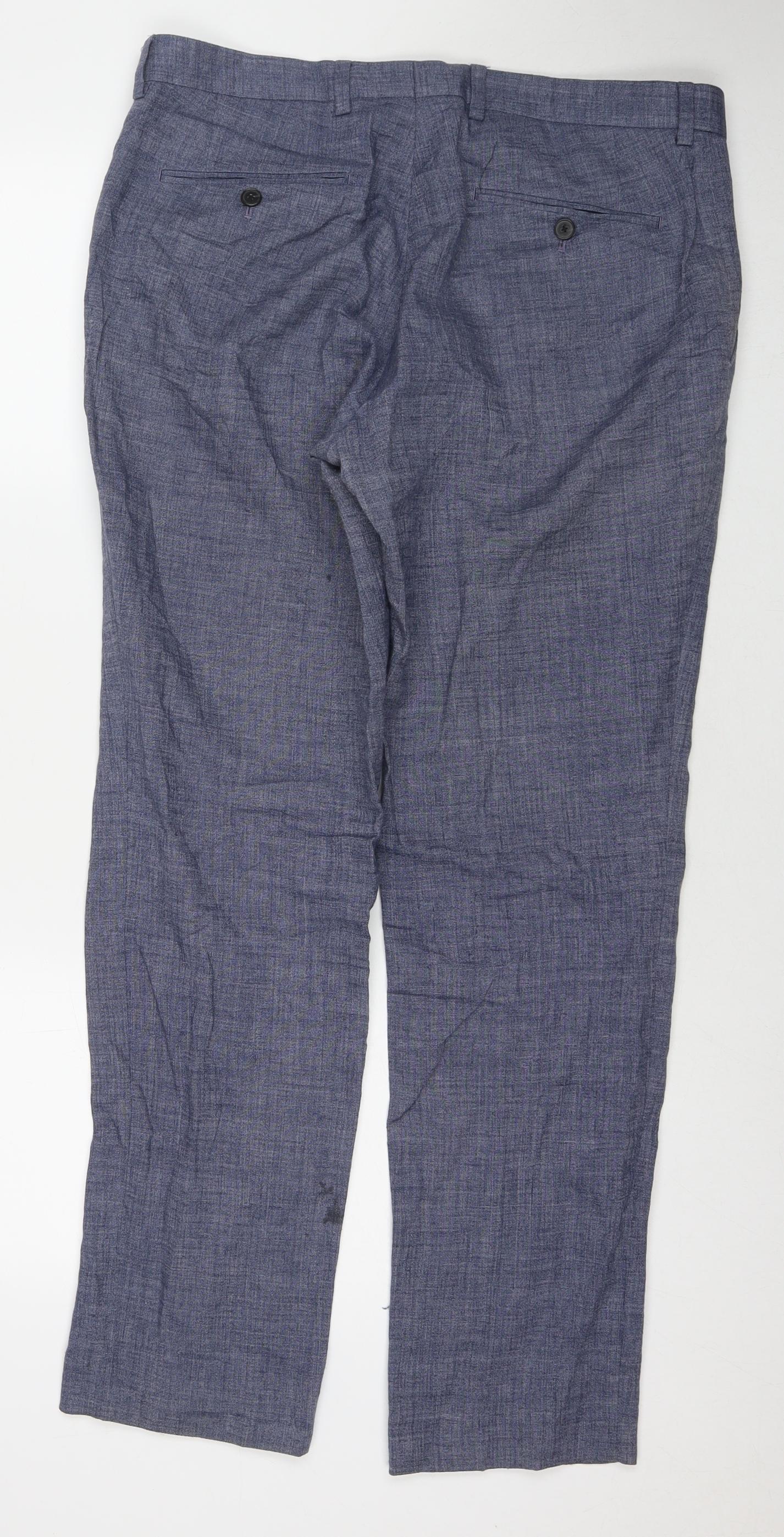 Marks and Spencer Mens Blue Linen Trousers Size 34 in L31 in Regular Zip