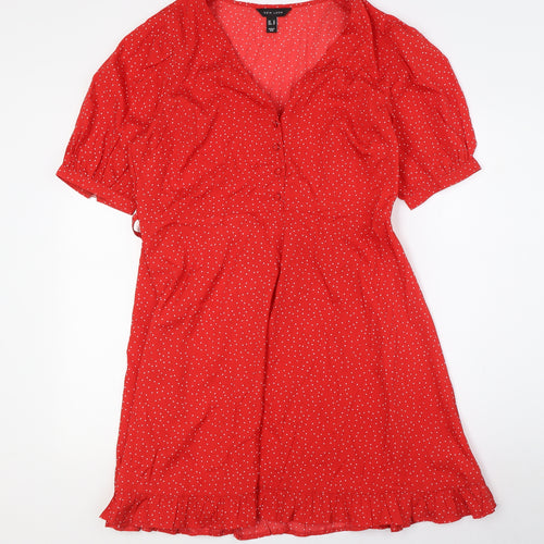 New Look Womens Red Polka Dot Polyester A-Line Size 14 V-Neck Button