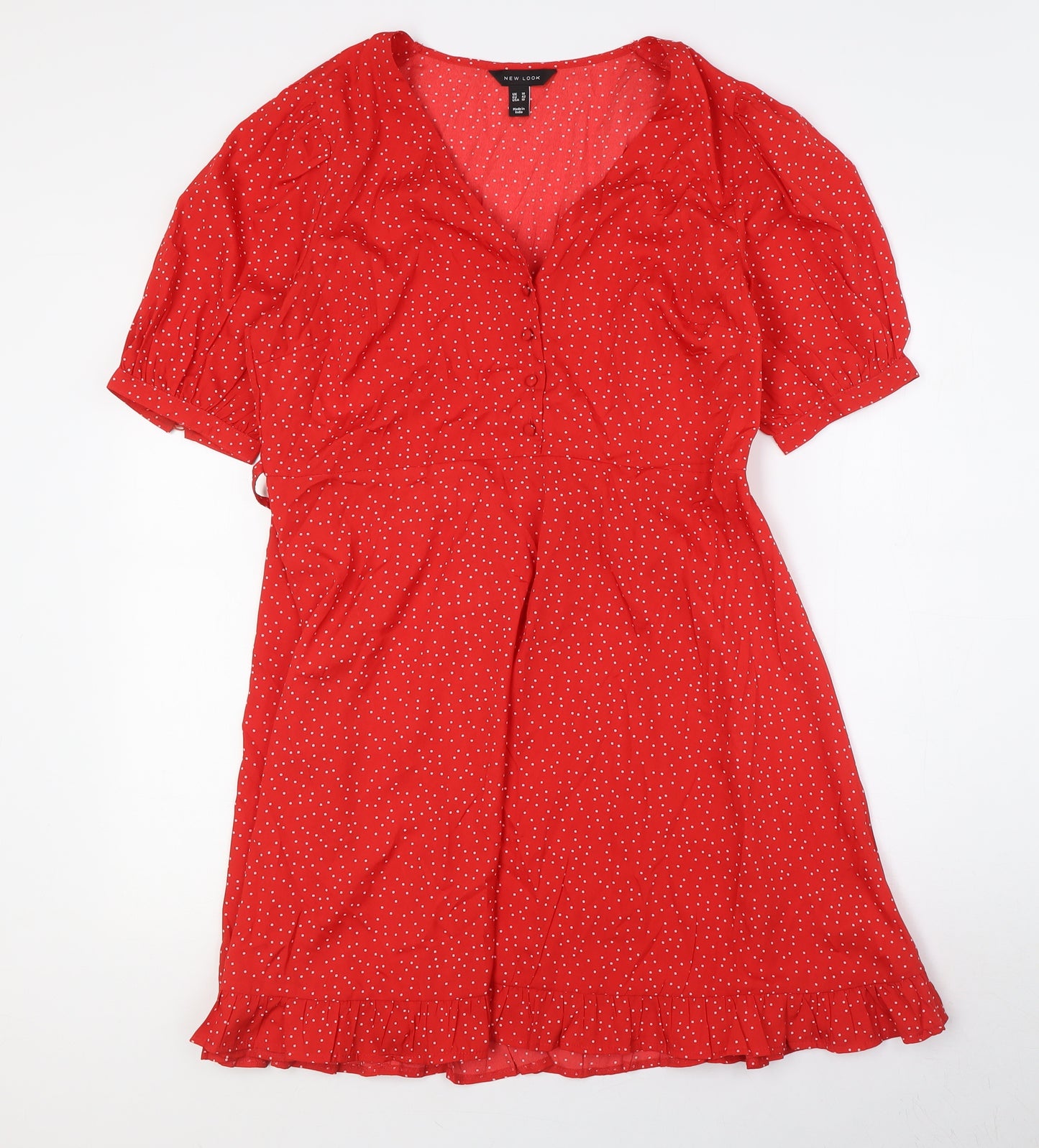 New Look Womens Red Polka Dot Polyester A-Line Size 14 V-Neck Button