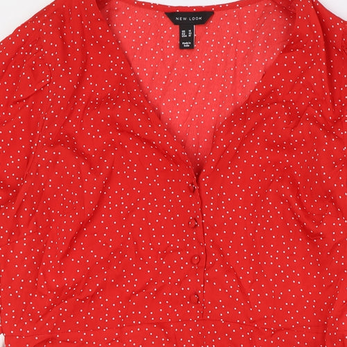 New Look Womens Red Polka Dot Polyester A-Line Size 14 V-Neck Button