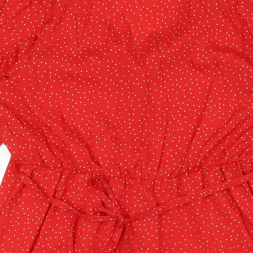 New Look Womens Red Polka Dot Polyester A-Line Size 14 V-Neck Button