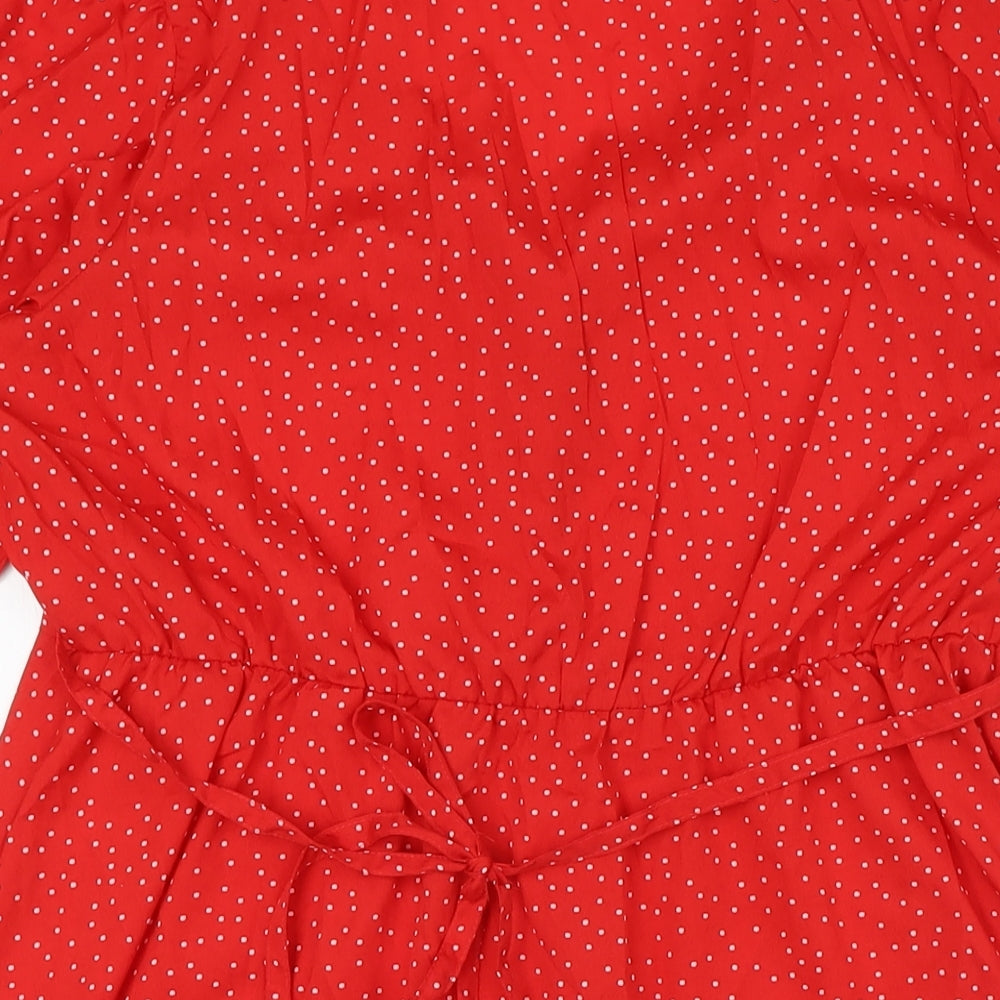 New Look Womens Red Polka Dot Polyester A-Line Size 14 V-Neck Button