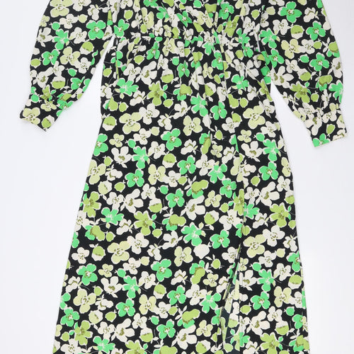 River Island Womens Green Floral Polyester A-Line Size 14 V-Neck