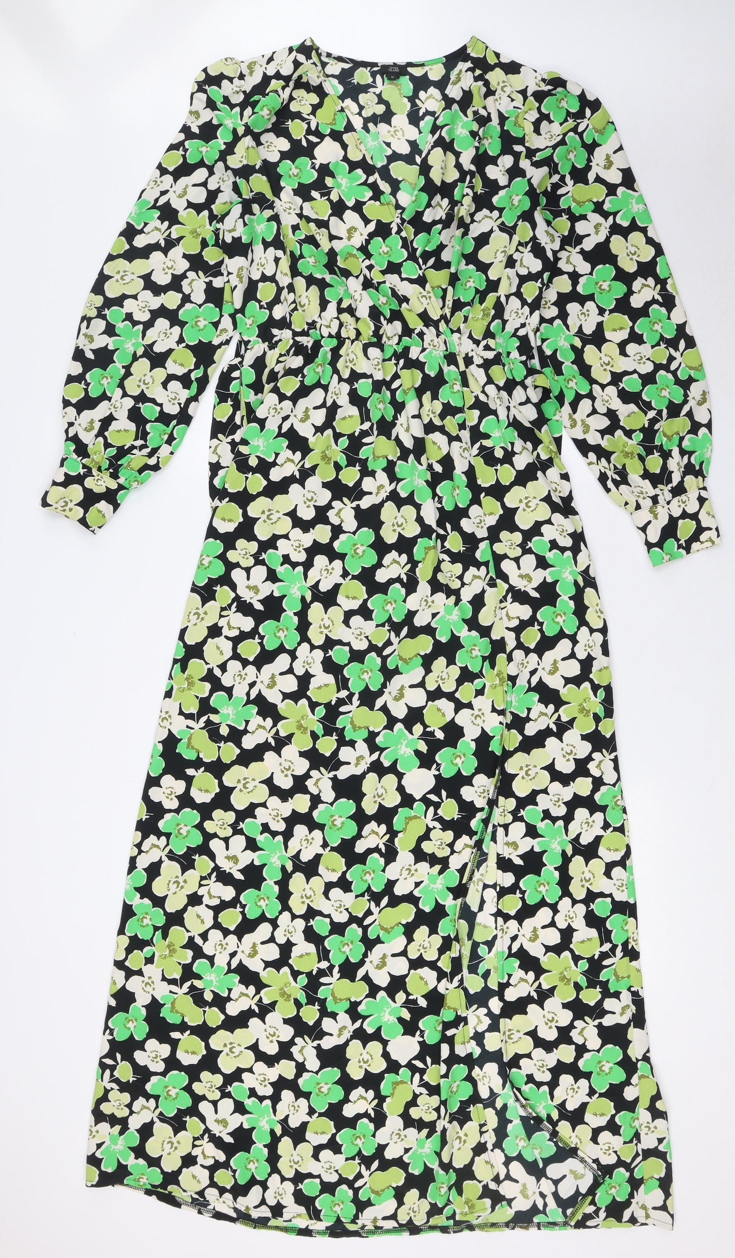 River Island Womens Green Floral Polyester A-Line Size 14 V-Neck