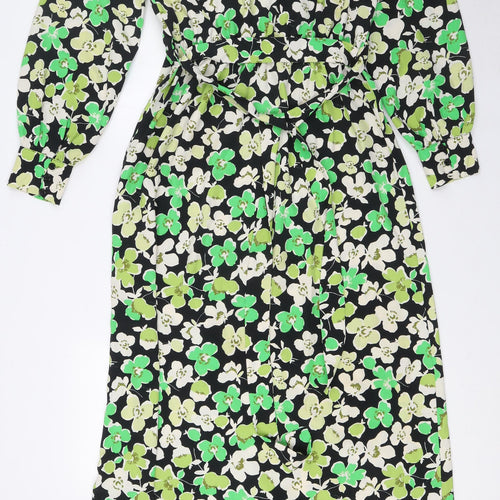 River Island Womens Green Floral Polyester A-Line Size 14 V-Neck