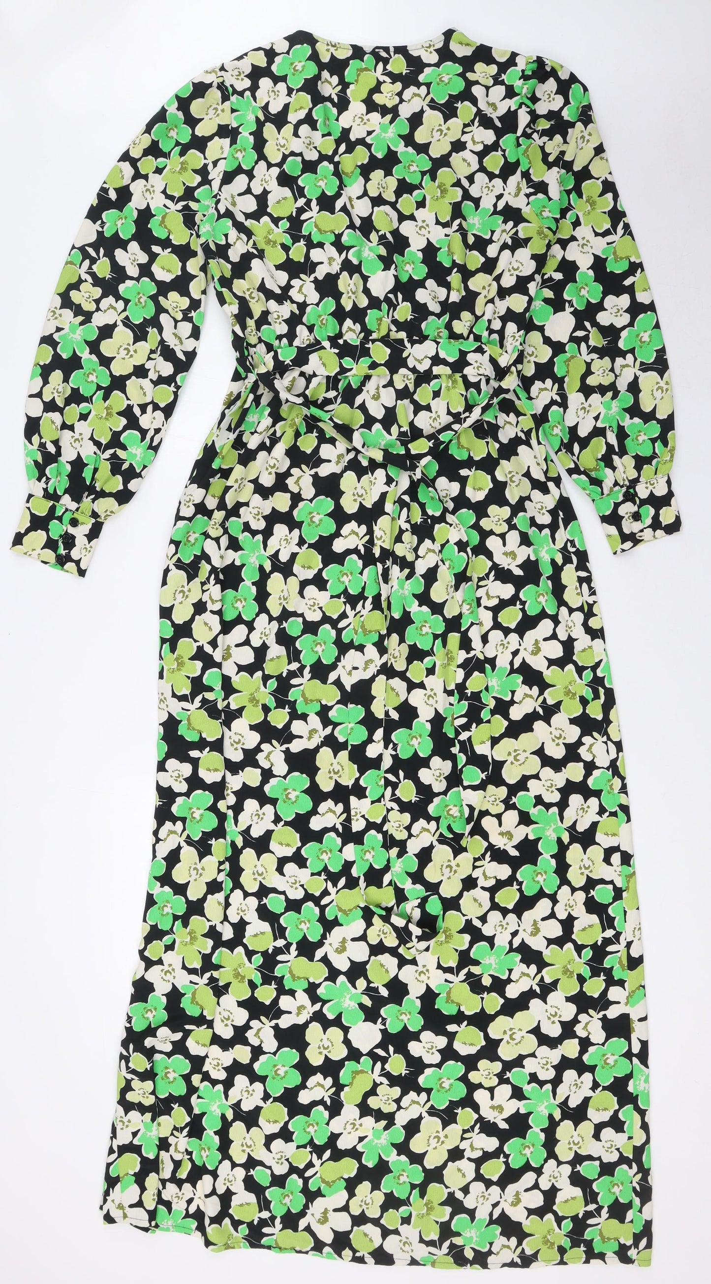 River Island Womens Green Floral Polyester A-Line Size 14 V-Neck