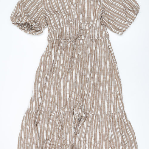 Marks and Spencer Womens Brown Striped Cotton A-Line Size 12 V-Neck Drawstring