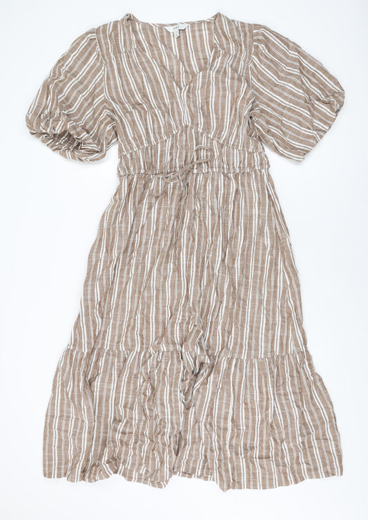 Marks and Spencer Womens Brown Striped Cotton A-Line Size 12 V-Neck Drawstring