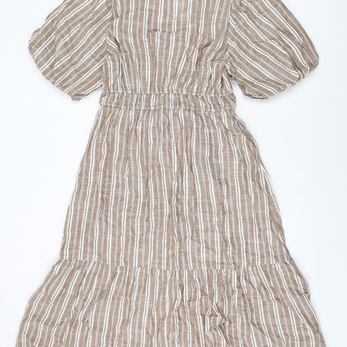 Marks and Spencer Womens Brown Striped Cotton A-Line Size 12 V-Neck Drawstring