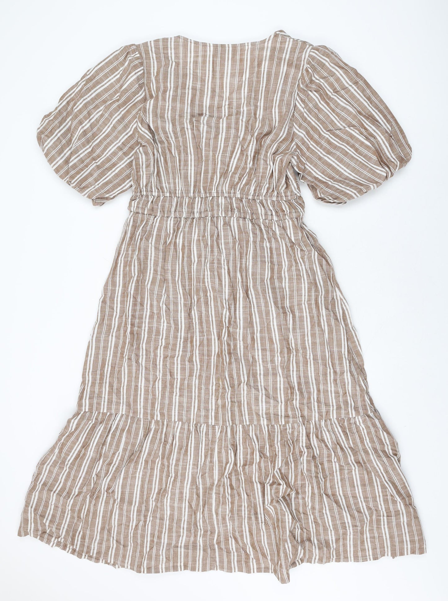 Marks and Spencer Womens Brown Striped Cotton A-Line Size 12 V-Neck Drawstring