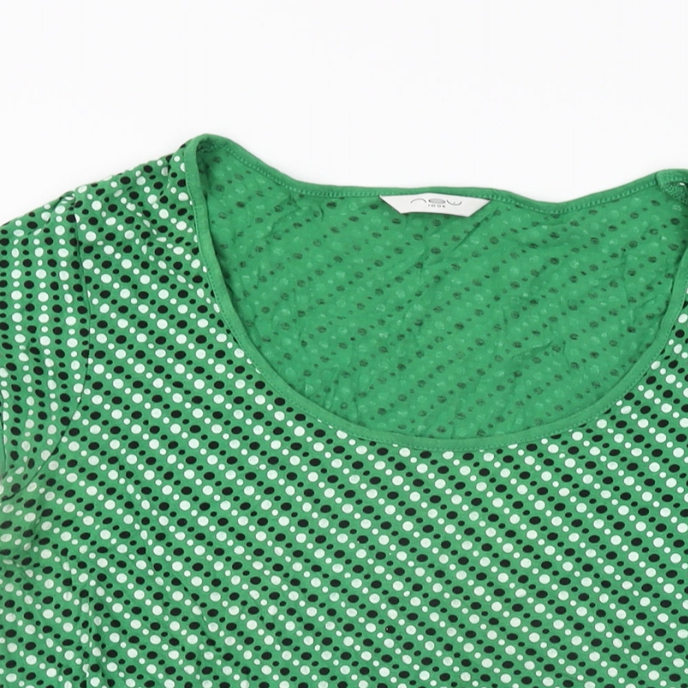 New Look Womens Green Polka Dot Cotton Basic T-Shirt Size 16 Scoop Neck