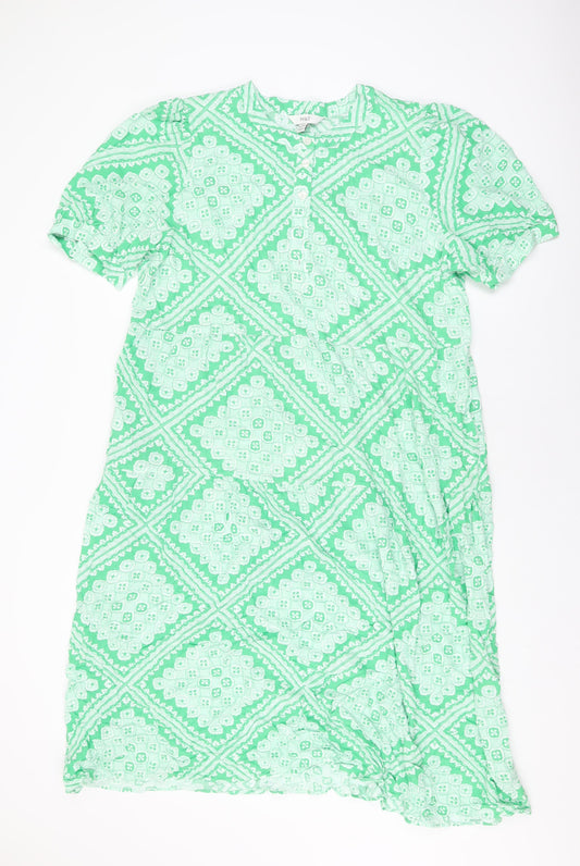 Marks and Spencer Womens Green Geometric Viscose A-Line Size 18 Round Neck Button