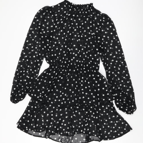 New Look Womens Black Polka Dot Polyester Skater Dress Size 14 Round Neck Button