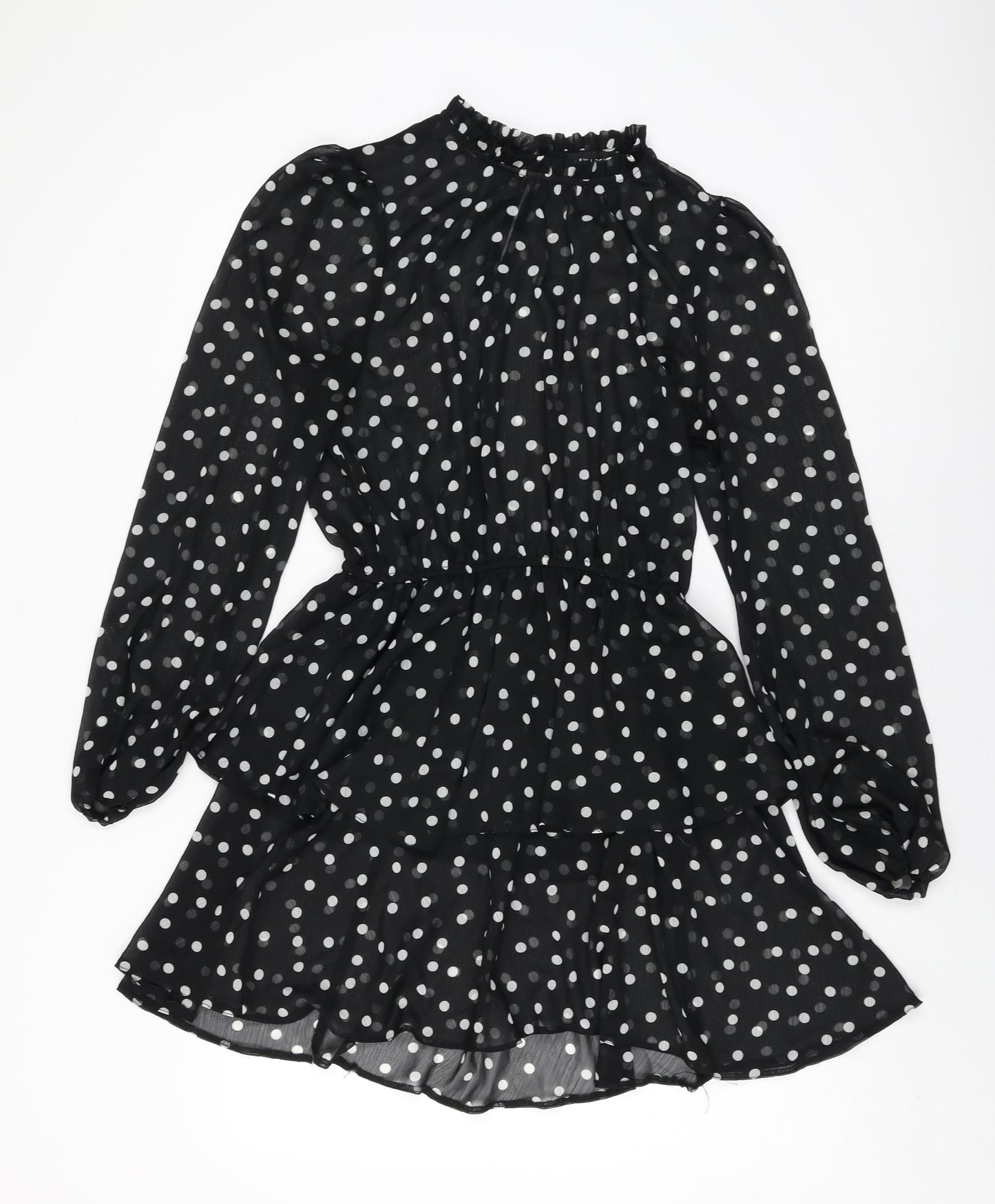 New Look Womens Black Polka Dot Polyester Skater Dress Size 14 Round Neck Button