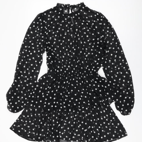 New Look Womens Black Polka Dot Polyester Skater Dress Size 14 Round Neck Button