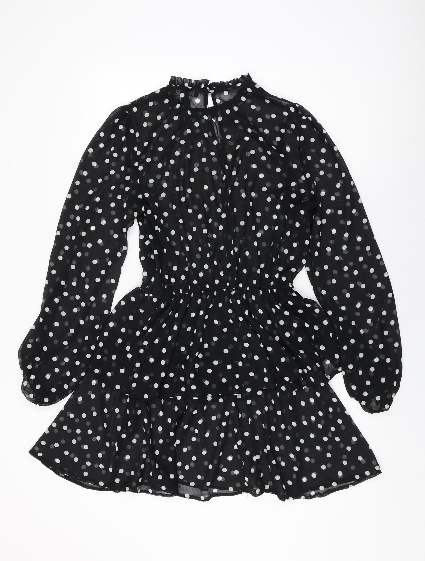 New Look Womens Black Polka Dot Polyester Skater Dress Size 14 Round Neck Button