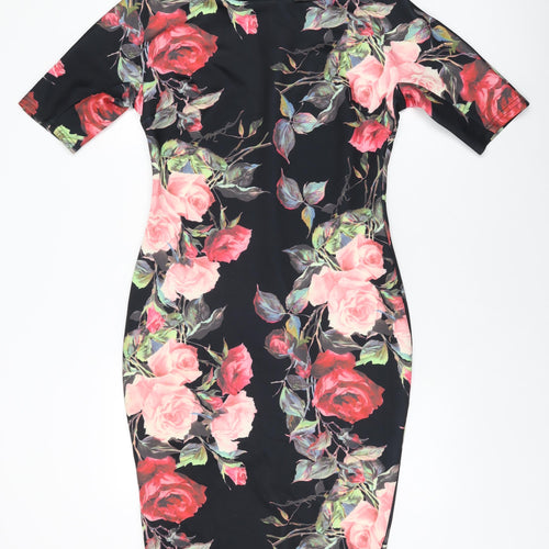 AX Paris Womens Black Floral Polyester Bodycon Size 14 Boat Neck Zip