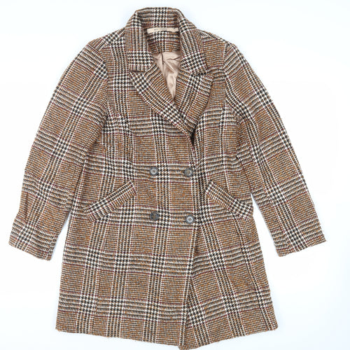 Rue de Femme Womens Brown Plaid Pea Coat Coat Size S Button