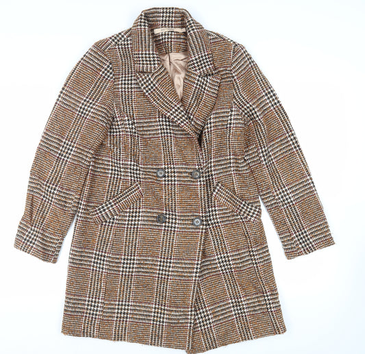 Rue de Femme Womens Brown Plaid Pea Coat Coat Size S Button