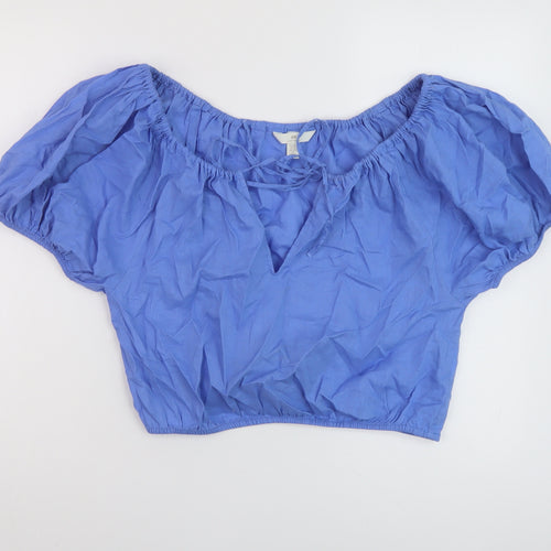 H& Womens Blue Linen Cropped Blouse Size XS Round Neck