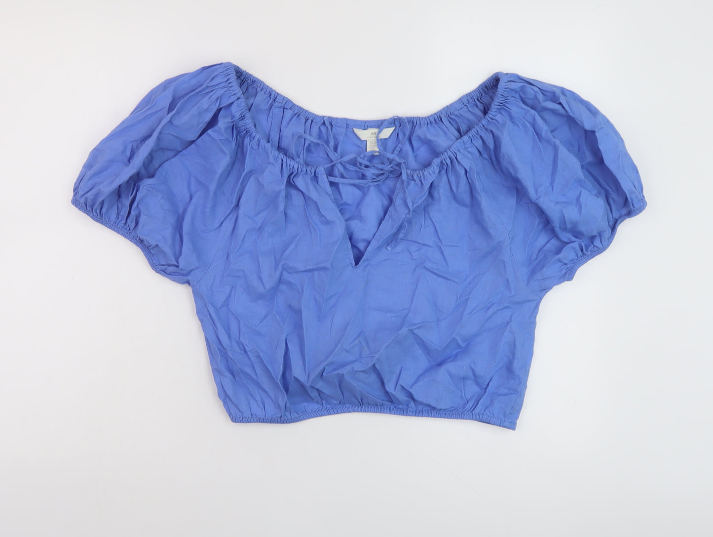 H& Womens Blue Linen Cropped Blouse Size XS Round Neck