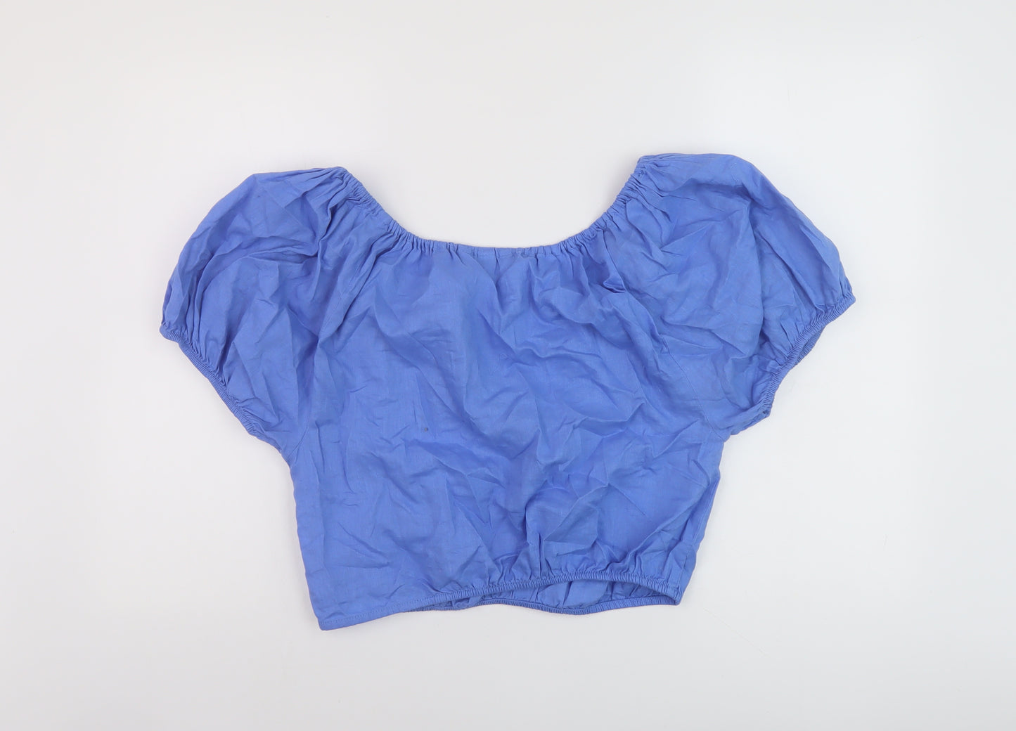 H& Womens Blue Linen Cropped Blouse Size XS Round Neck