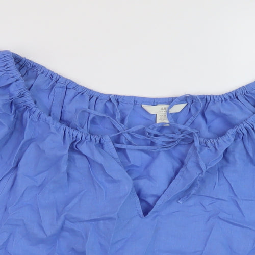 H& Womens Blue Linen Cropped Blouse Size XS Round Neck