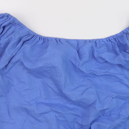 H& Womens Blue Linen Cropped Blouse Size XS Round Neck