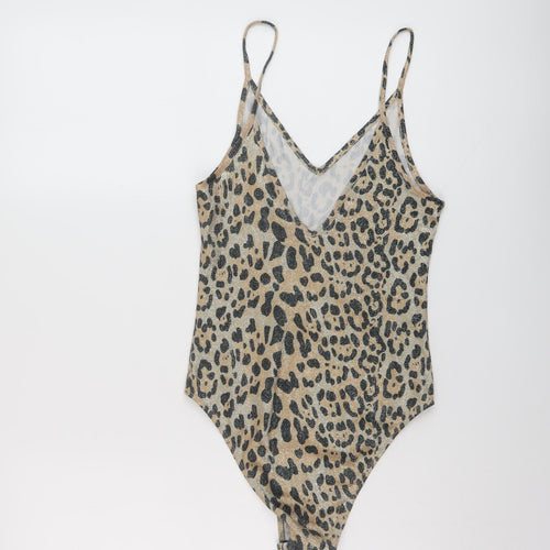 Topshop Womens Beige Animal Print Polyester Bodysuit One-Piece Size 8 Snap