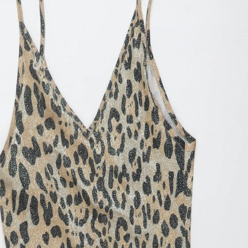 Topshop Womens Beige Animal Print Polyester Bodysuit One-Piece Size 8 Snap