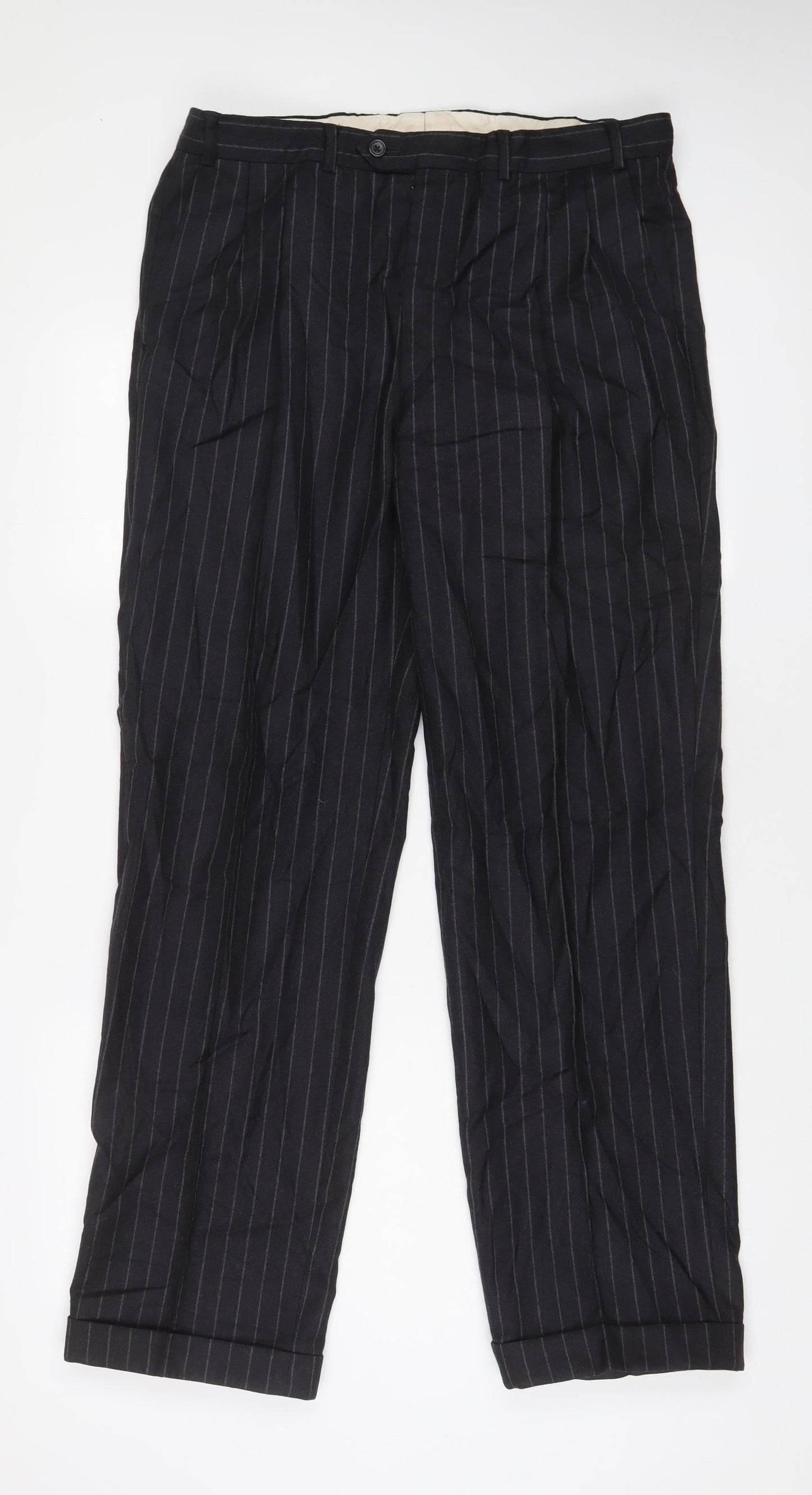 Austin Reed Mens Grey Striped Wool Trousers Size 34 in L31 in Regular Button