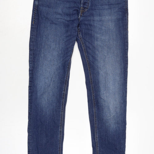 JACK & JONES Mens Blue Cotton Blend Straight Jeans Size 30 in L30 in Regular Button