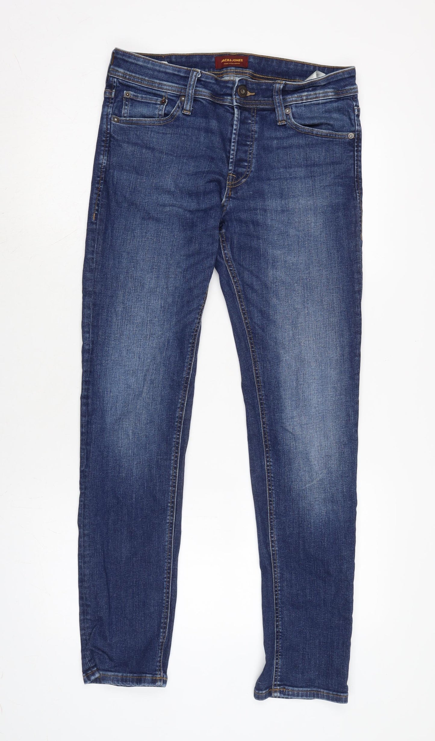 JACK & JONES Mens Blue Cotton Blend Straight Jeans Size 30 in L30 in Regular Button