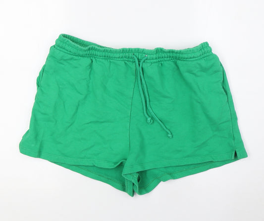 H&M Womens Green Houndstooth Cotton Basic Shorts Size L Regular Tie