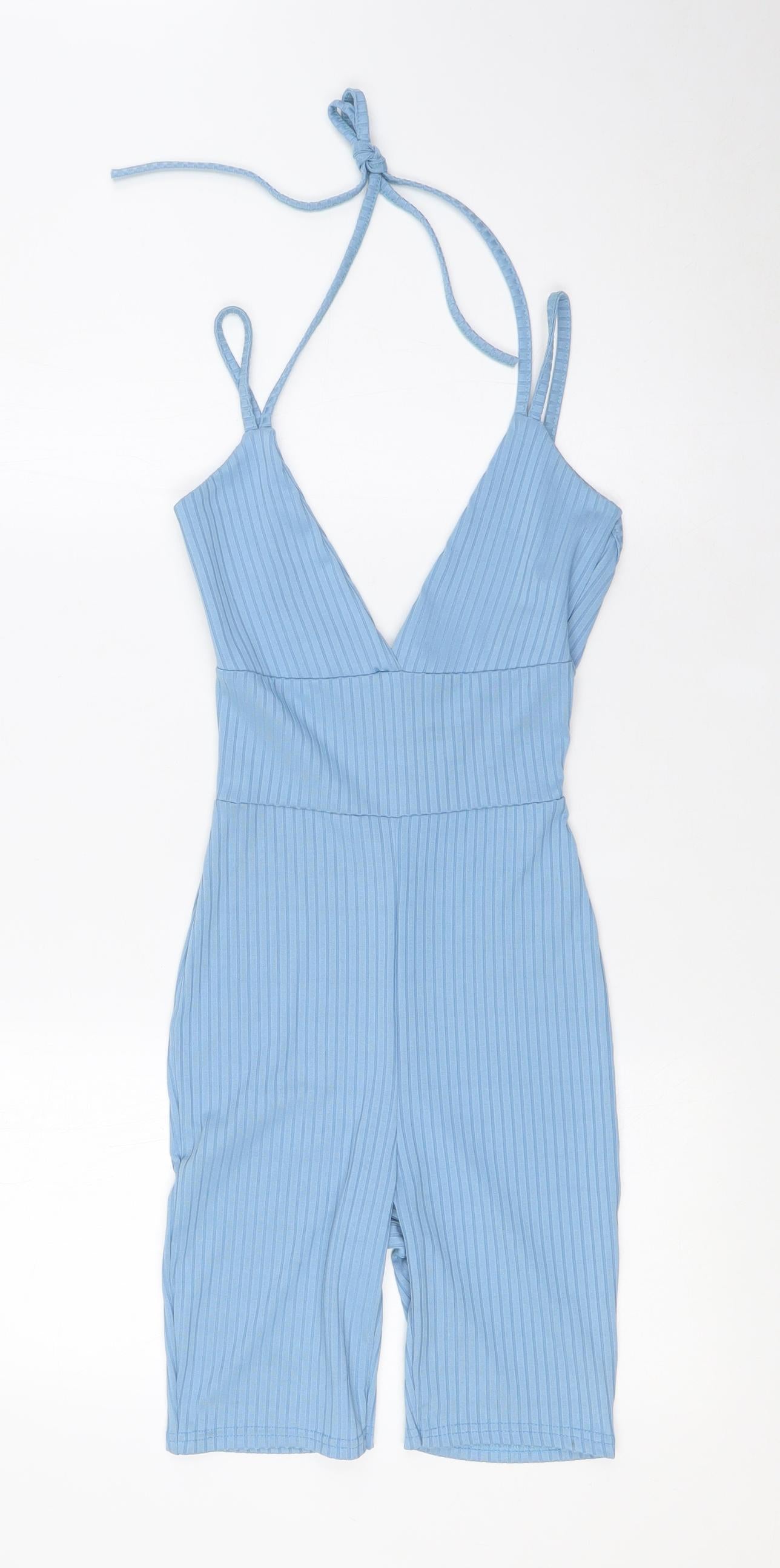 PRETTYLITTLETHING Womens Blue Polyester Playsuit One-Piece Size 6 Tie - Ribbed