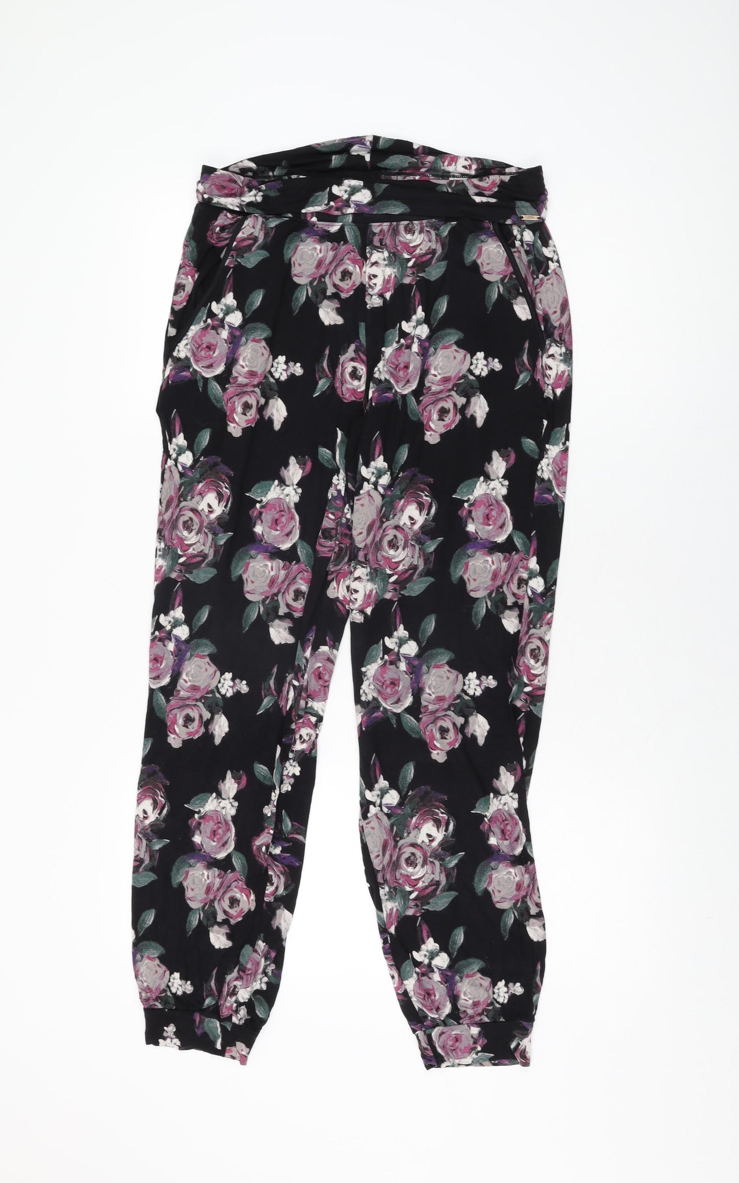 Autograph Womens Black Floral Viscose Trousers Size 10 L29 in Regular