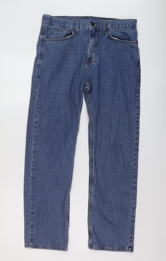 Marks and Spencer Mens Blue Cotton Straight Jeans Size 32 in L29 in Regular Button