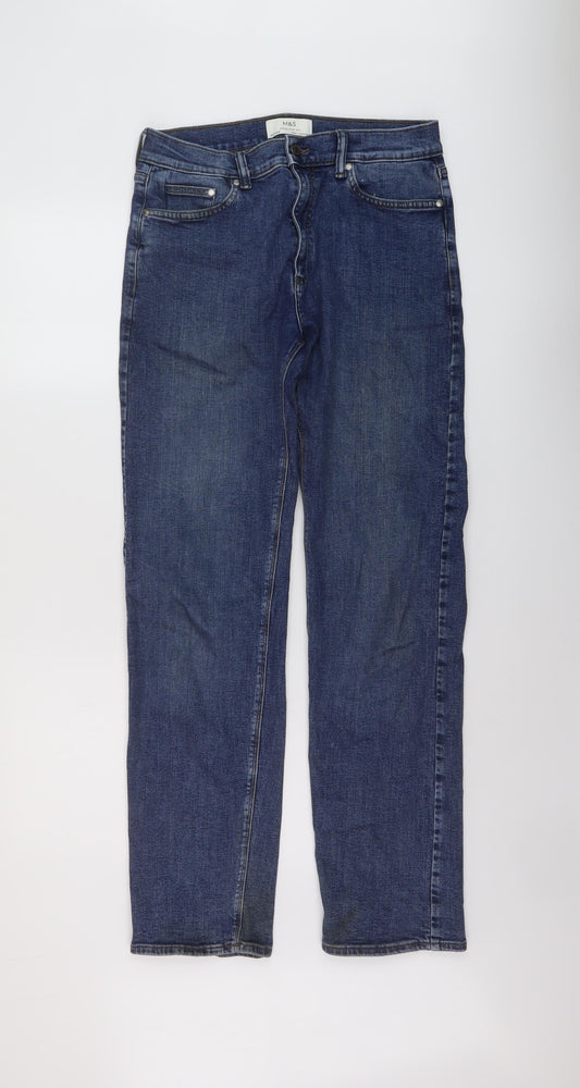 Marks and Spencer Mens Blue Cotton Straight Jeans Size 30 in L33 in Regular Button