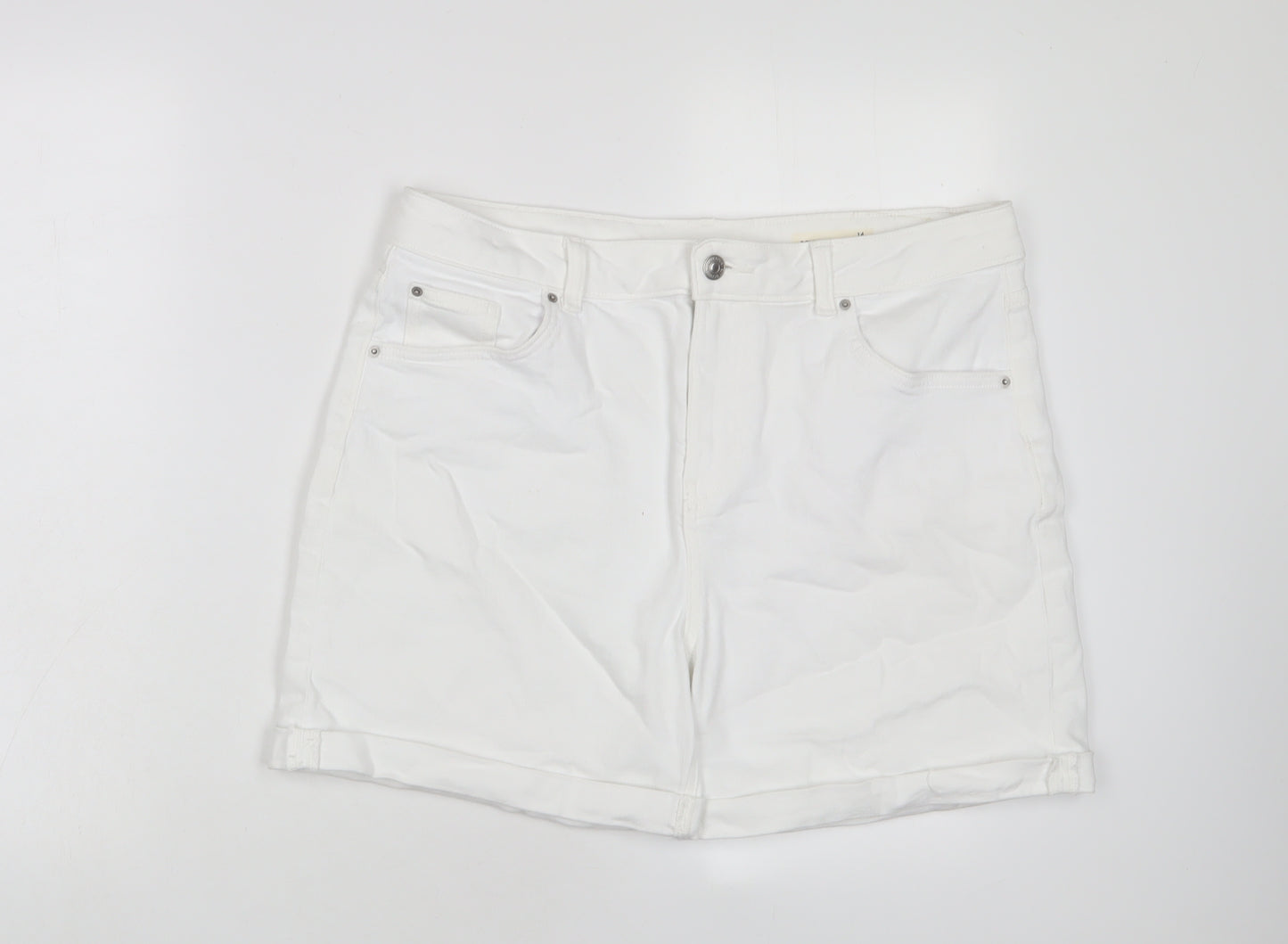 Marks and Spencer Womens White Cotton Boyfriend Shorts Size 14 L5 in Regular Zip