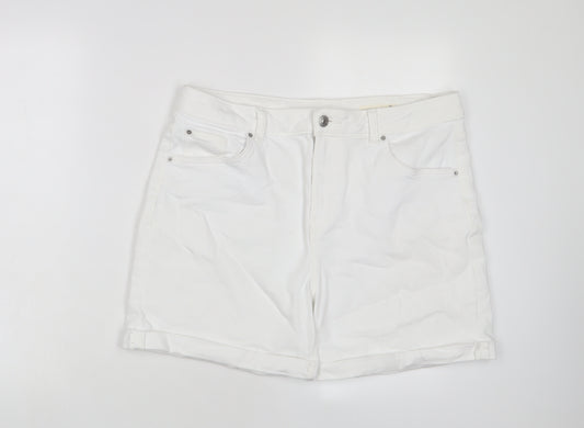 Marks and Spencer Womens White Cotton Boyfriend Shorts Size 14 L5 in Regular Zip