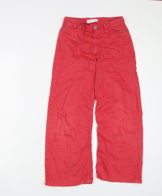 Zara Girls Pink Cotton Wide-Leg Jeans Size 10 Years L20 in Regular Zip - Adjustable waist