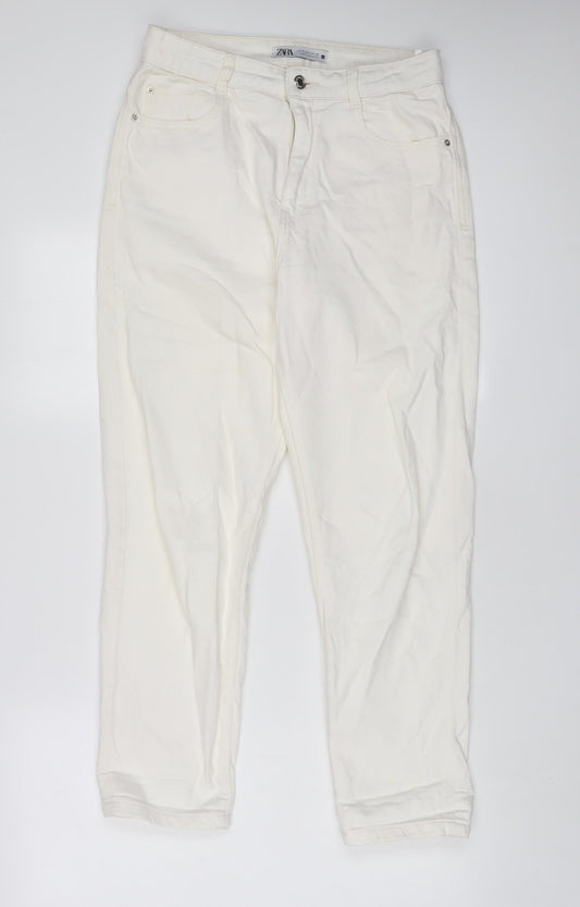 Zara Womens White Cotton Straight Jeans Size 10 L28 in Regular Zip