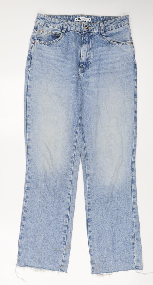 Zara Womens Blue Cotton Straight Jeans Size 10 L29 in Regular Zip