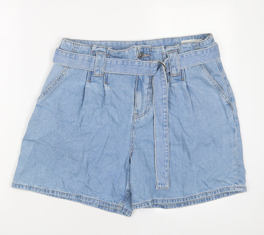 Marks and Spencer Womens Blue Cotton Paperbag Shorts Size 14 Regular Zip - Belted