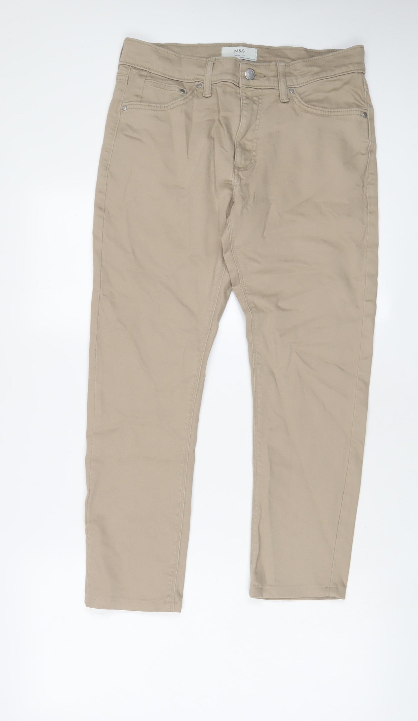 Marks and Spencer Mens Beige Cotton Straight Jeans Size 30 in L29 in Regular Zip - Short Leg