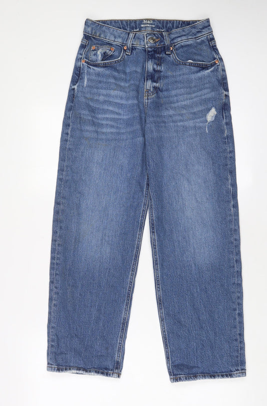 Marks and Spencer Womens Blue Cotton Boyfriend Jeans Size 6 L27 in Regular Zip