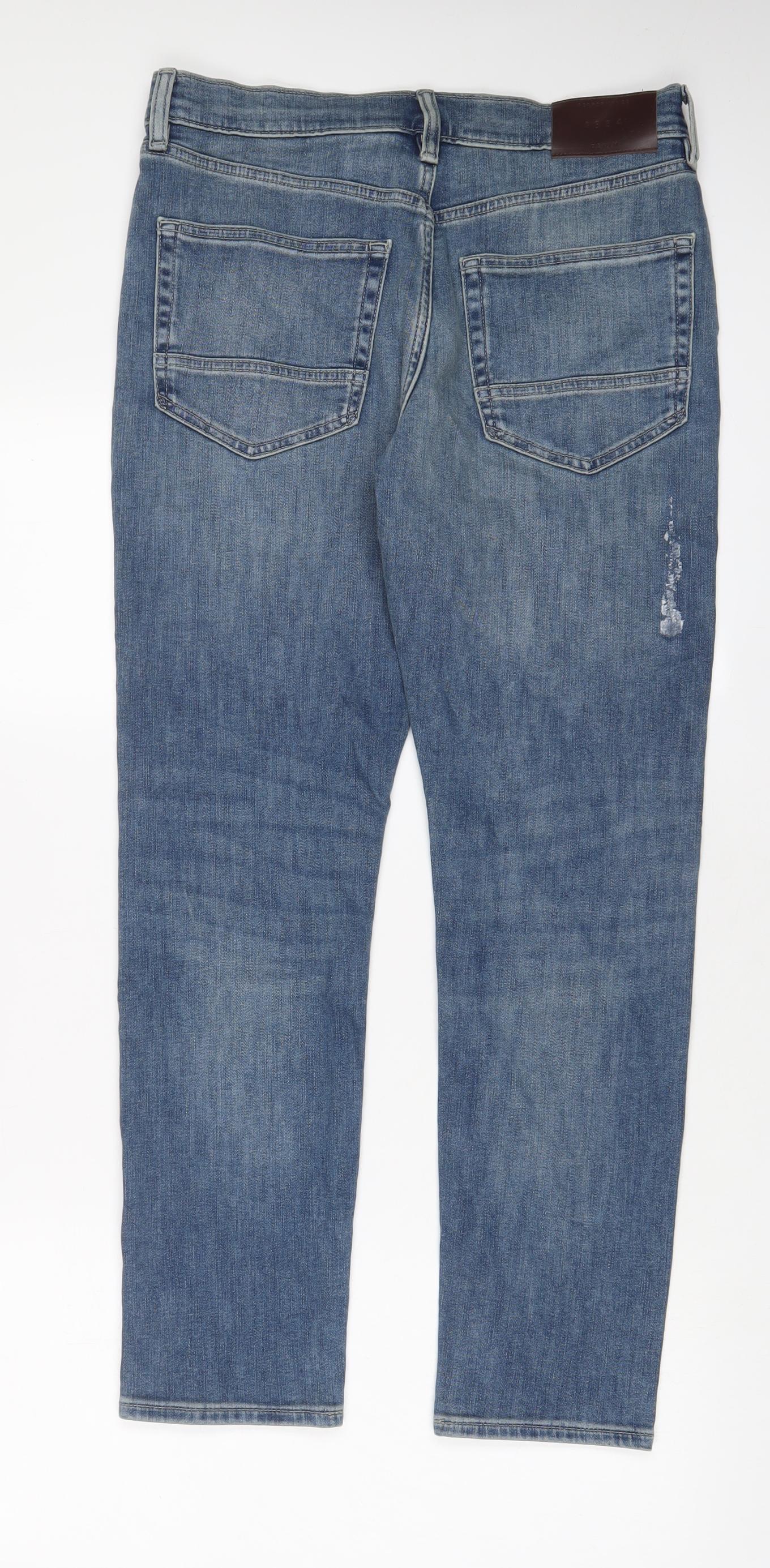 Marks and Spencer Mens Blue Cotton Straight Jeans Size 30 in L29 in Slim Zip - Short Leg