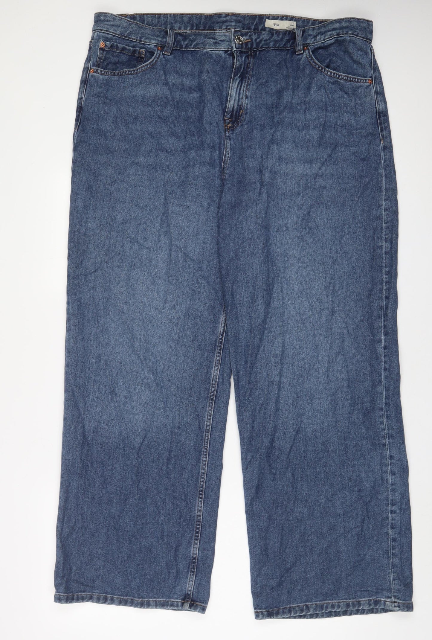 Marks and Spencer Womens Blue Cotton Wide-Leg Jeans Size 20 L32 in Regular Zip