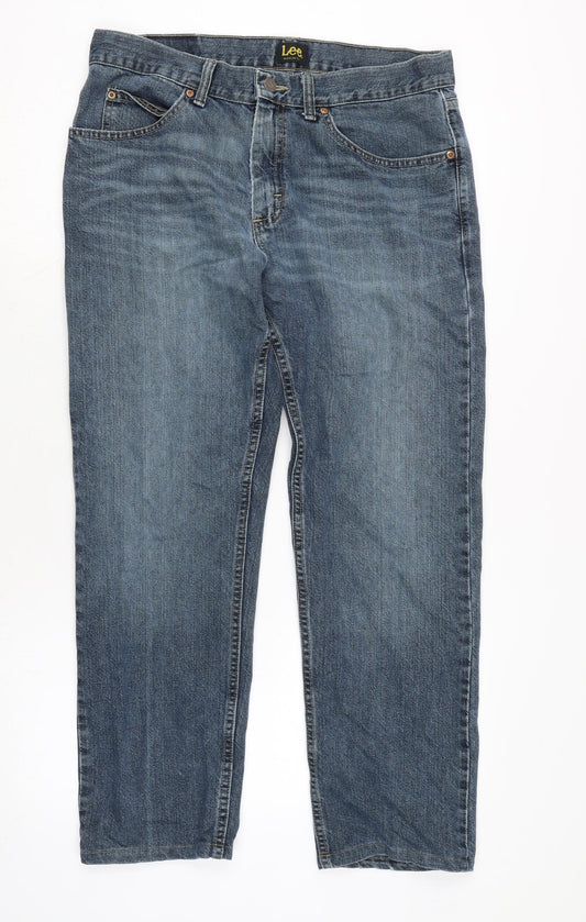 Lee Mens Blue Cotton Straight Jeans Size 32 in L28 in Regular Zip